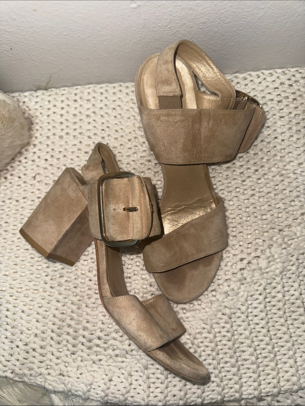 Stuart Weitzman Taupe Suede Block Heel Sandals with Buckle Detail